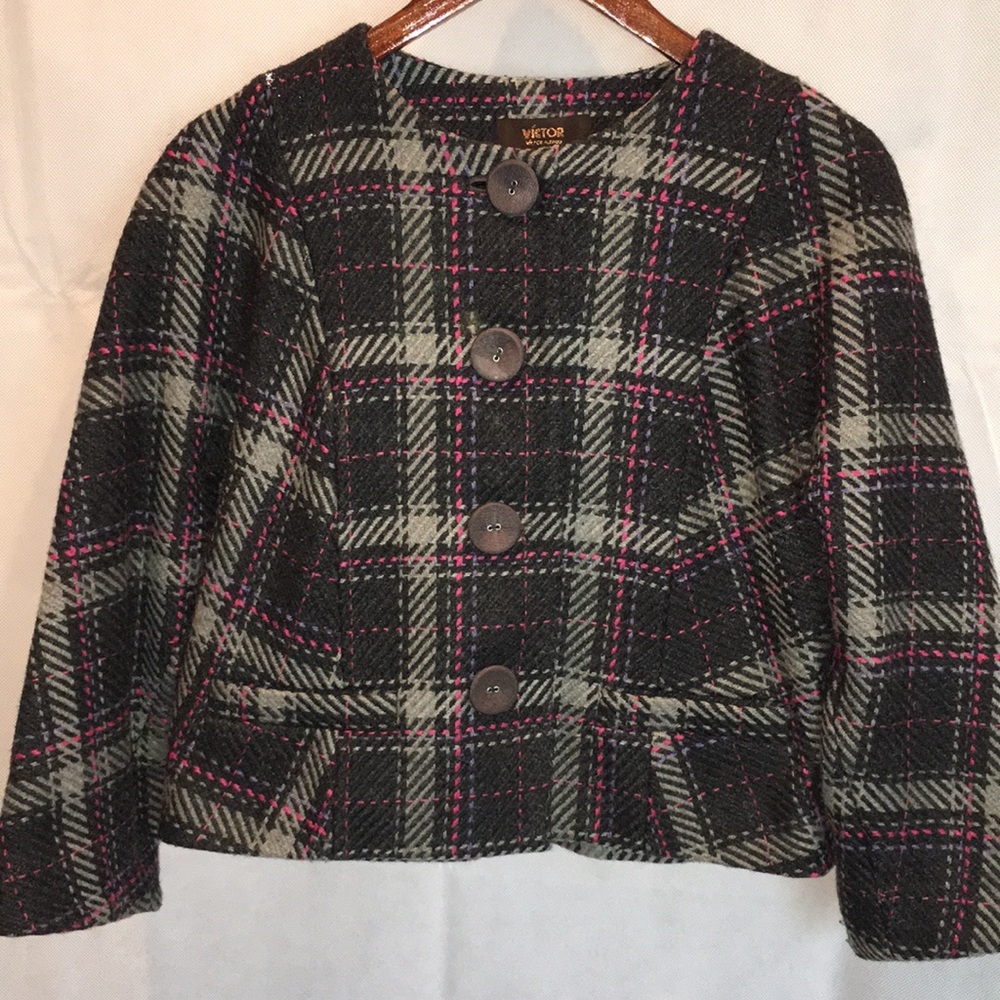 Victor Alfaro Plaid Wool Blend Jacket Blazer – Black Gray Pink Checkered, Size 6